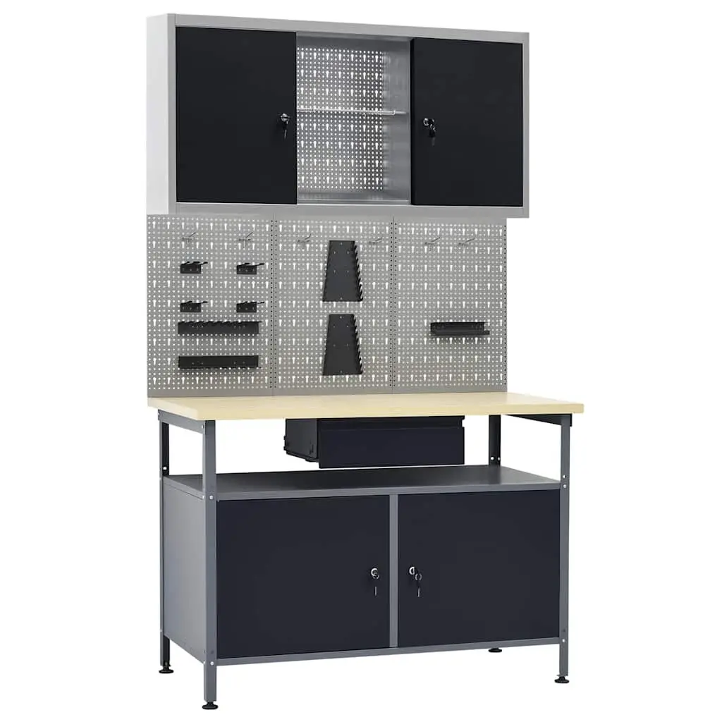 Workbench with Cabinet Storage and 3 Wall Panels Heavy-Duty Black Steel and Engineered Wood 120cm