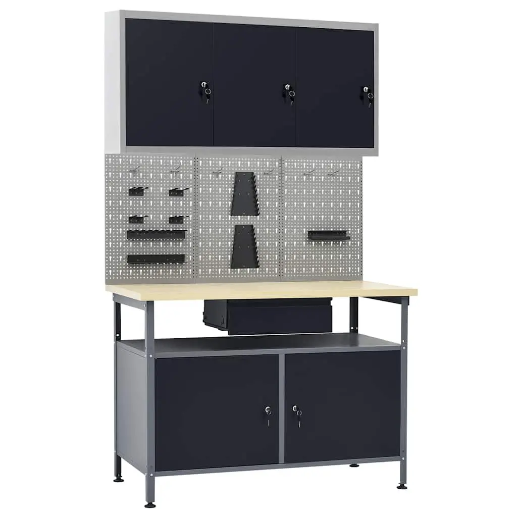 Black Steel Workbench with Wall Panels Cabinet Garage Workshop Storage Solution