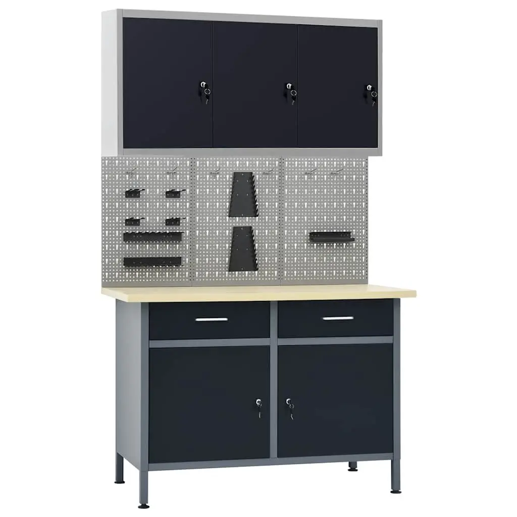 Black Workbench with Wall Panels Cabinet Storage 500kg Workshop Garage Tool
