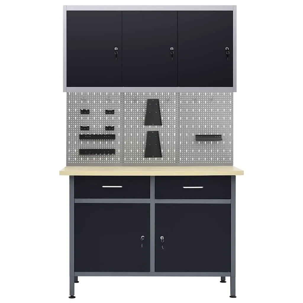 Black Workbench with Wall Panels Cabinet Storage 500kg Workshop Garage Tool