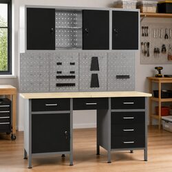 Workbench with Four Wall Panels and Two Storage Cabinets Workshop Garage