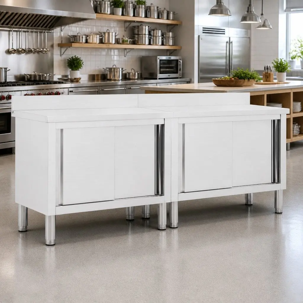 Stainless Steel Work Tables Sliding Doors Storage 200x50cm