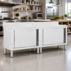 Stainless Steel Work Tables with Sliding Doors Storage 200x50cm Commercial