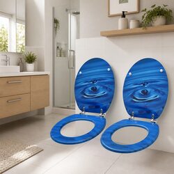 Toilet Seats with Lid 2 Pack Blue Water Drop Design Bathroom Accessory