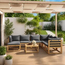 Garden Lounge Set 8 Piece Outdoor Furniture Grey Acacia Wood Sofa with Coffee