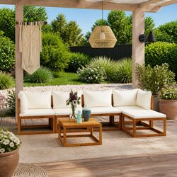 Outdoor Garden Lounge Set 6 Piece Cream Acacia Wood Sofa Coffee Table Cushions