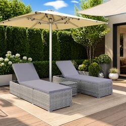 Sun Lounger Set 3 Piece Grey Outdoor Garden Chaise Lounge with Tea Table