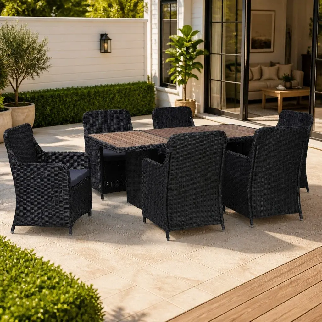 7 Piece Outdoor Dining Set Black Poly Rattan Patio Garden Furniture with Chairs