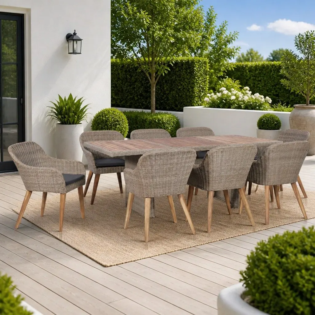 Outdoor Dining Set 9 Piece Brown Poly Rattan Patio Garden Furniture with