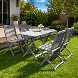 5 Piece Garden Dining Set Solid Acacia Wood Outdoor Furniture Grey Foldable