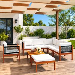 Garden Lounge Set 8 Piece Outdoor Furniture with Cushions Wood Rope Backrest
