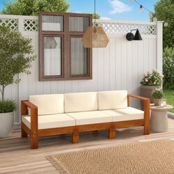 3-Seater Garden Sofa Outdoor Patio Furniture Solid Wood Frame Cream Cushions