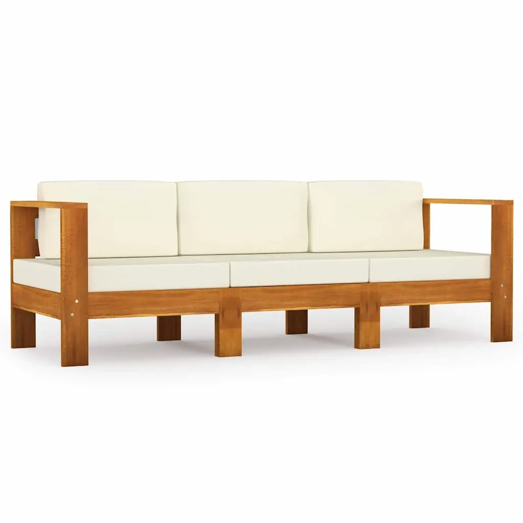3-Seater Garden Sofa Outdoor Patio Furniture Solid Wood Frame Cream Cushions