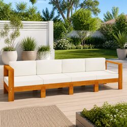 4-Seater Garden Sofa Solid Acacia Wood Outdoor Lounge Couch Cream Cushions