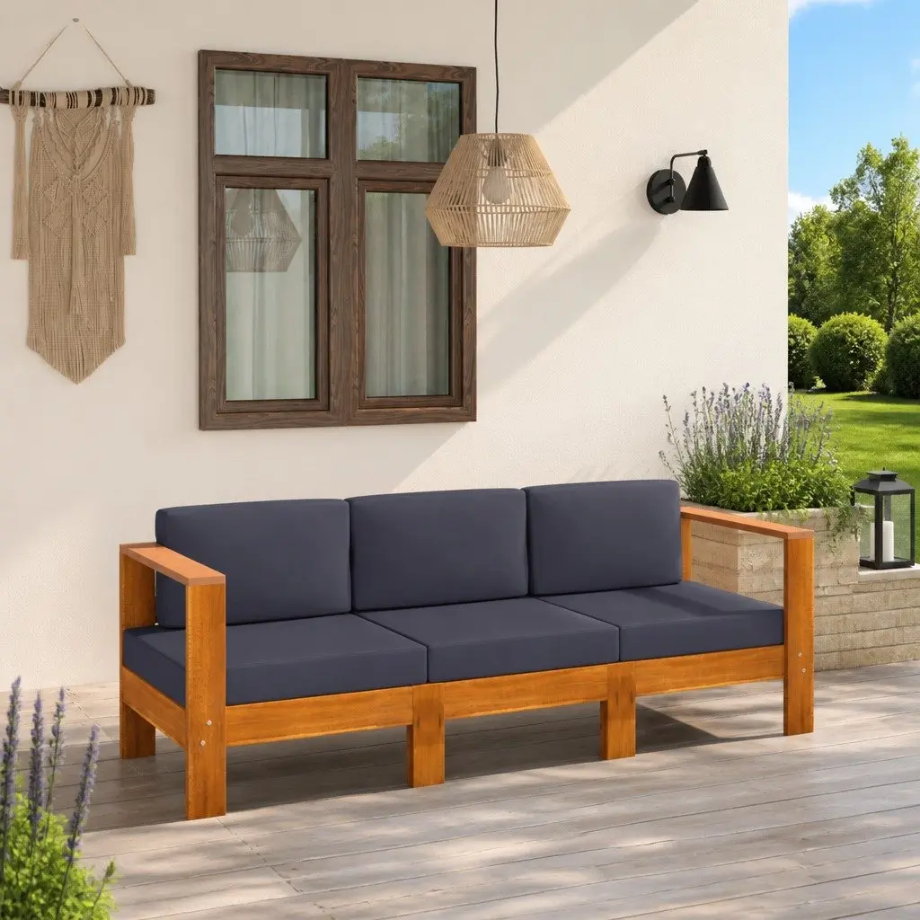 3-Seater Garden Sofa Outdoor Furniture Acacia Wood with Grey Cushions Patio