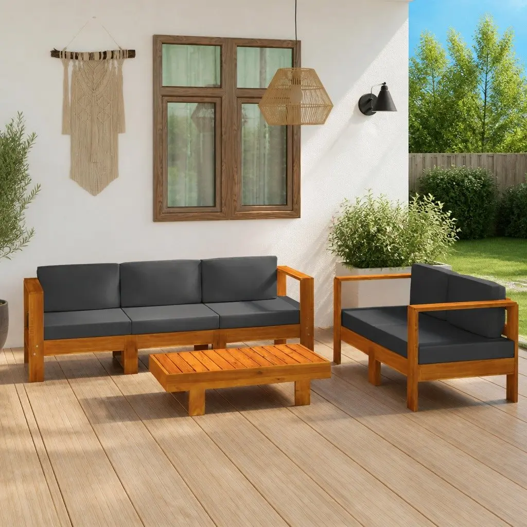 5 Piece Garden Lounge Set Acacia Wood Outdoor Furniture Grey Cushions Patio Sofa