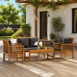 4 Piece Garden Lounge Set with Cushions Solid Acacia Wood Outdoor Furniture