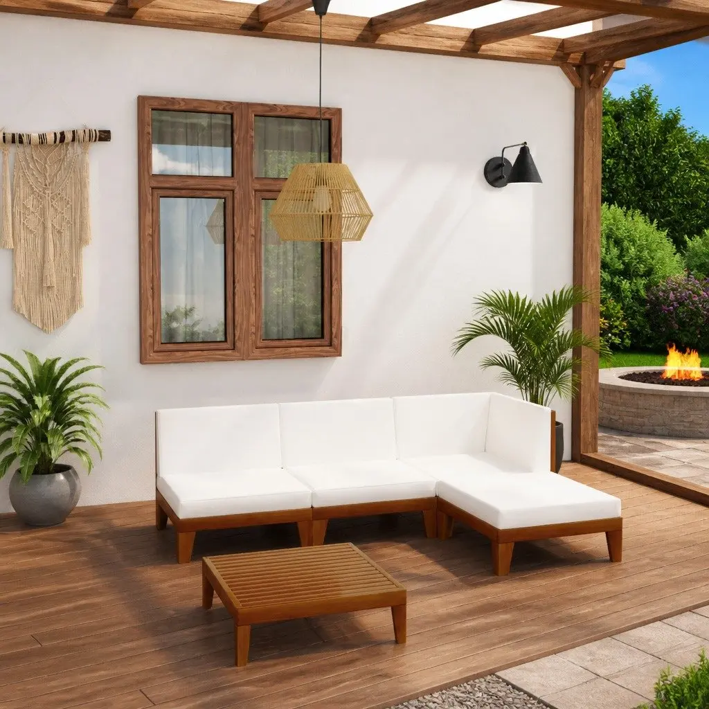 5 Piece Garden Lounge Set Solid Acacia Wood with Cushions White