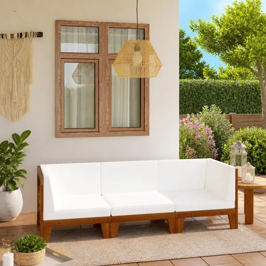 3 Piece Garden Lounge Set Solid Acacia Wood Outdoor Furniture White Cushions
