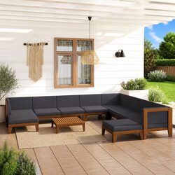 Garden Lounge Set 11 Piece Outdoor Furniture Grey Acacia Wood Cushions Modular