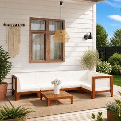 Garden Lounge Set 6 Piece Outdoor Furniture Solid Acacia Wood White Cushions