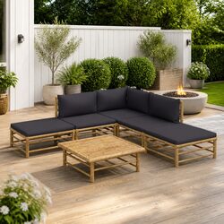 Bamboo Garden Lounge Set 6 Piece Outdoor Furniture with Grey Cushions Modular