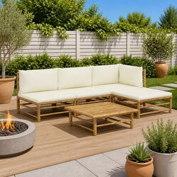 5 Piece Bamboo Garden Lounge Set Outdoor Furniture with Cream White Cushions