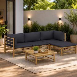 5 Piece Bamboo Garden Lounge Set with Cushions Outdoor Patio Furniture Grey