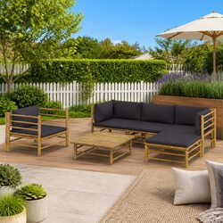 Garden Lounge Set 6 Piece Bamboo Outdoor Furniture Grey Cushions Modular