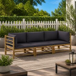 Bamboo Outdoor Lounge Set 3 Piece Garden Furniture Grey Cushions Modular