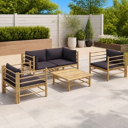 5 Piece Bamboo Garden Lounge Set Grey Cushions Modular Outdoor Furniture