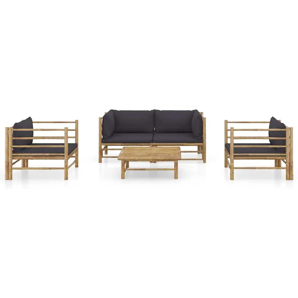 5 Piece Bamboo Garden Lounge Set Grey Cushions Modular Outdoor Furniture