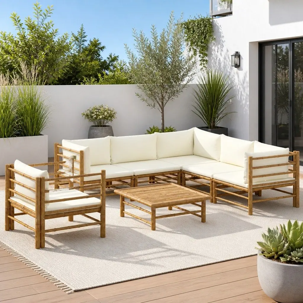 7 Piece Bamboo Garden Lounge Set Outdoor Patio Furniture Cream Cushions