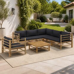 7 Piece Bamboo Garden Lounge Set Grey Cushions Modular Outdoor Furniture