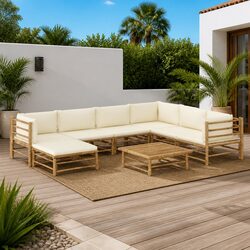 8 Piece Bamboo Garden Lounge Set Outdoor Furniture with Cream White Cushions