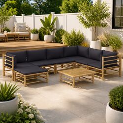 Garden Lounge Set 8 Piece Bamboo Outdoor Furniture with Grey Cushions Modular