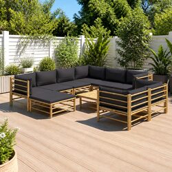 Garden Lounge Set 10 Piece Bamboo Outdoor Furniture with Grey Cushions Modular