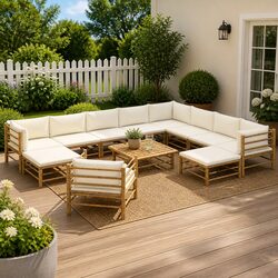 Garden Lounge Set 12 Piece Bamboo Outdoor Furniture Modular Cream Cushions
