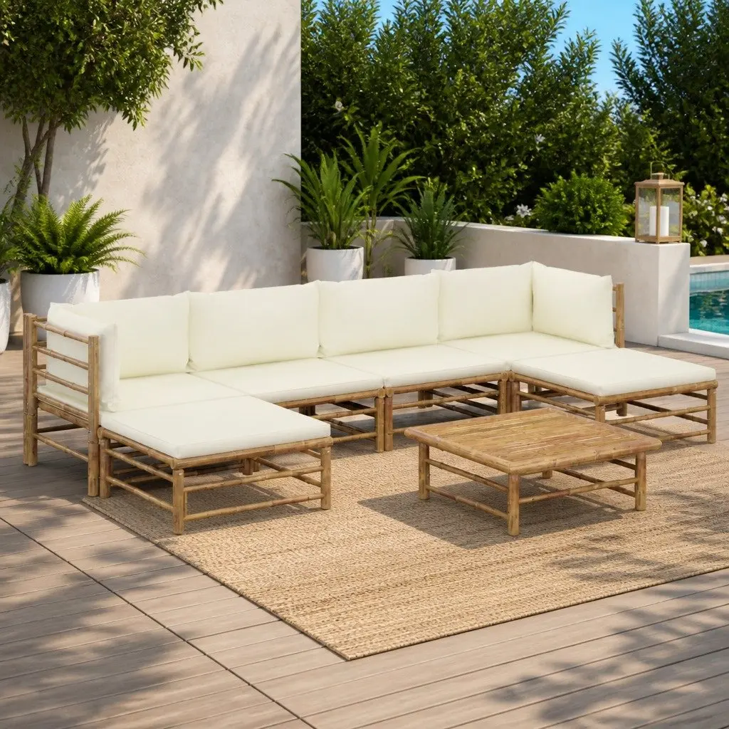 7 Piece Bamboo Garden Lounge Set Modular Arrangement Cream