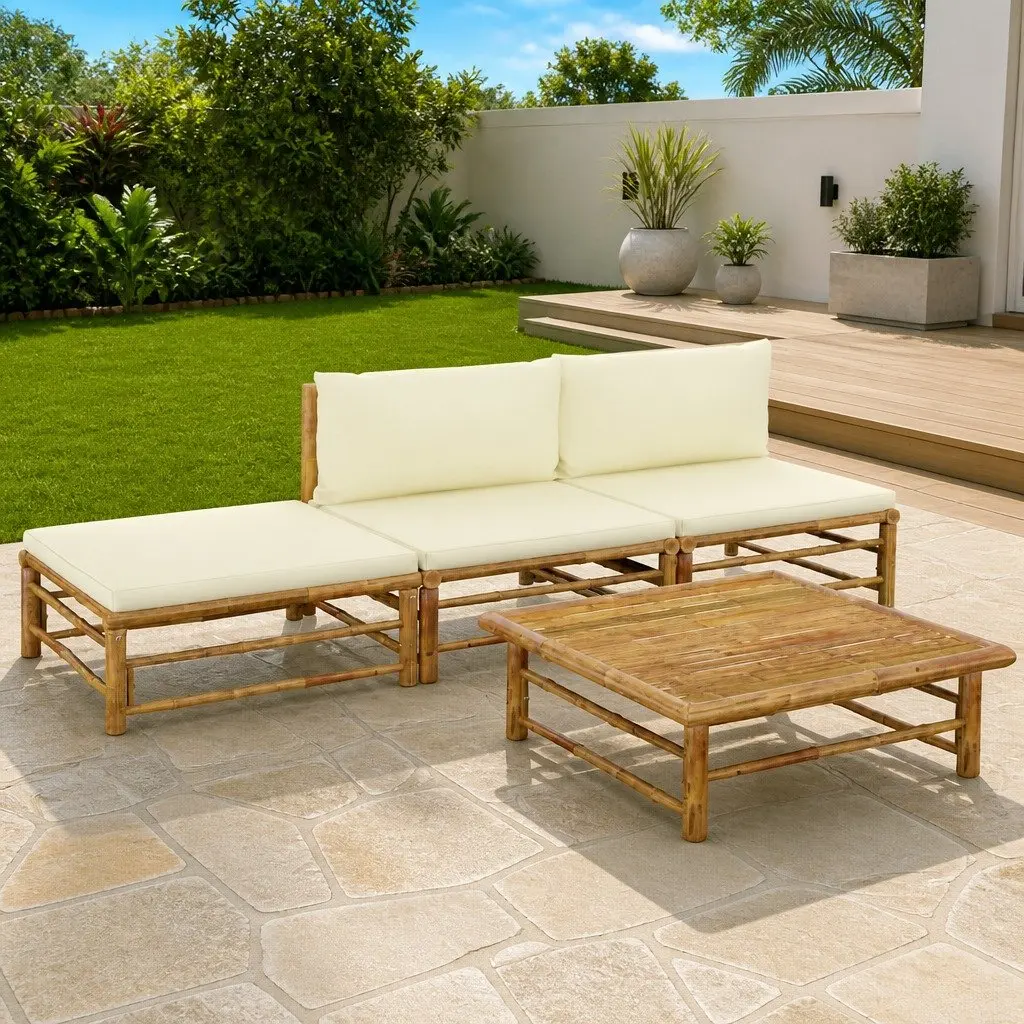 4 Piece Bamboo Garden Lounge Set Outdoor Furniture with Cream Cushions Modular