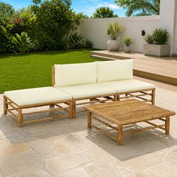 4 Piece Bamboo Garden Lounge Set Outdoor Furniture with Cream Cushions Modular