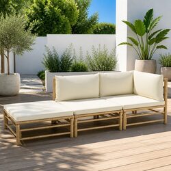 3 Piece Bamboo Garden Lounge Set Outdoor Furniture with Cream White Cushions