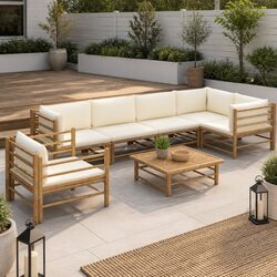 7 Piece Garden Lounge Set Bamboo Outdoor Furniture with Cream Cushions Modular