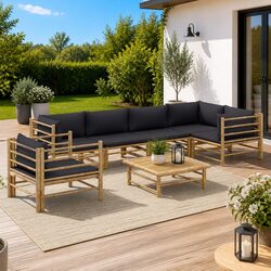 Bamboo Garden Lounge Set 7 Piece Outdoor Furniture with Grey Cushions Modular