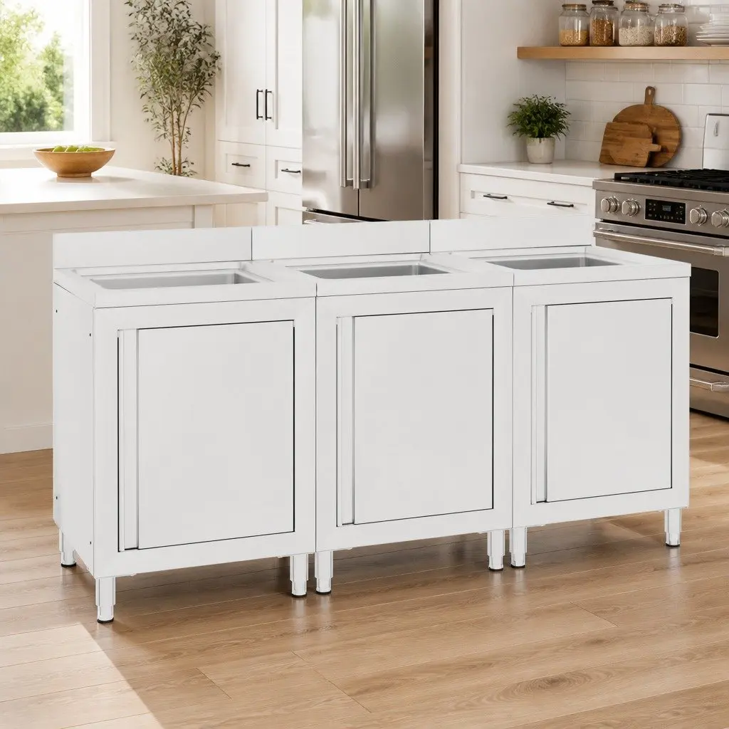 Commercial Kitchen Sink Cabinet Set 3 Piece Stainless Steel Storage Workspace