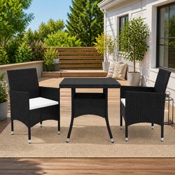 3 Piece Garden Dining Set Black Poly Rattan Glass Outdoor Patio Furniture