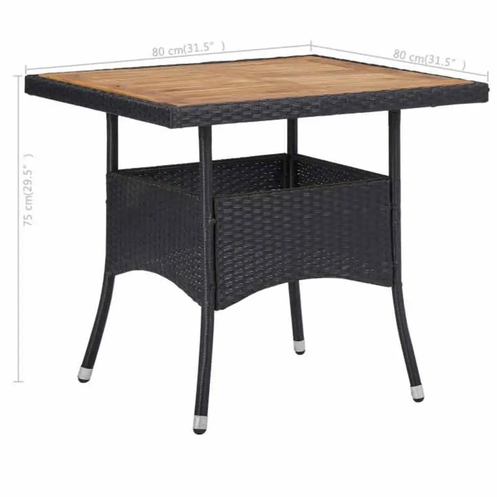 3 Piece Outdoor Dining Set Black Poly Rattan Acacia Wood Table Chairs Garden