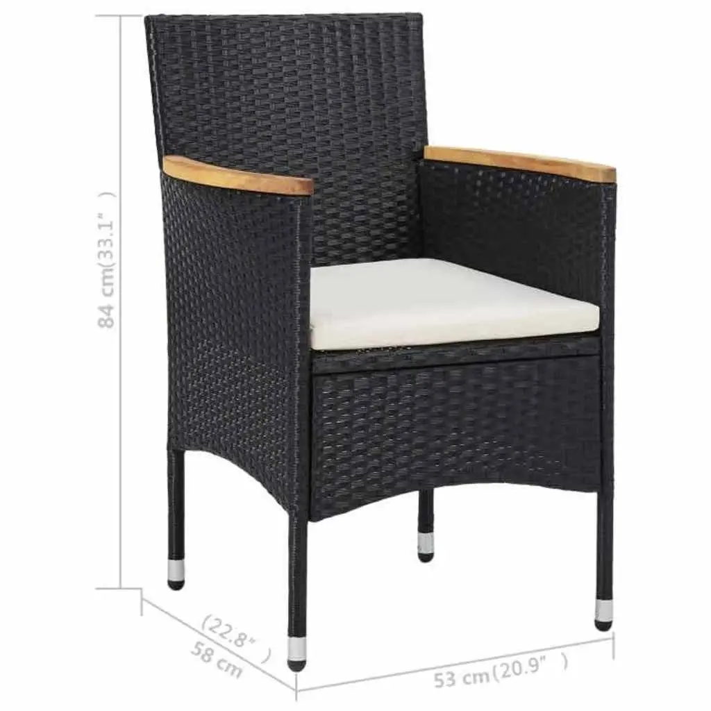 3 Piece Outdoor Dining Set Black Poly Rattan Acacia Wood Table Chairs Garden