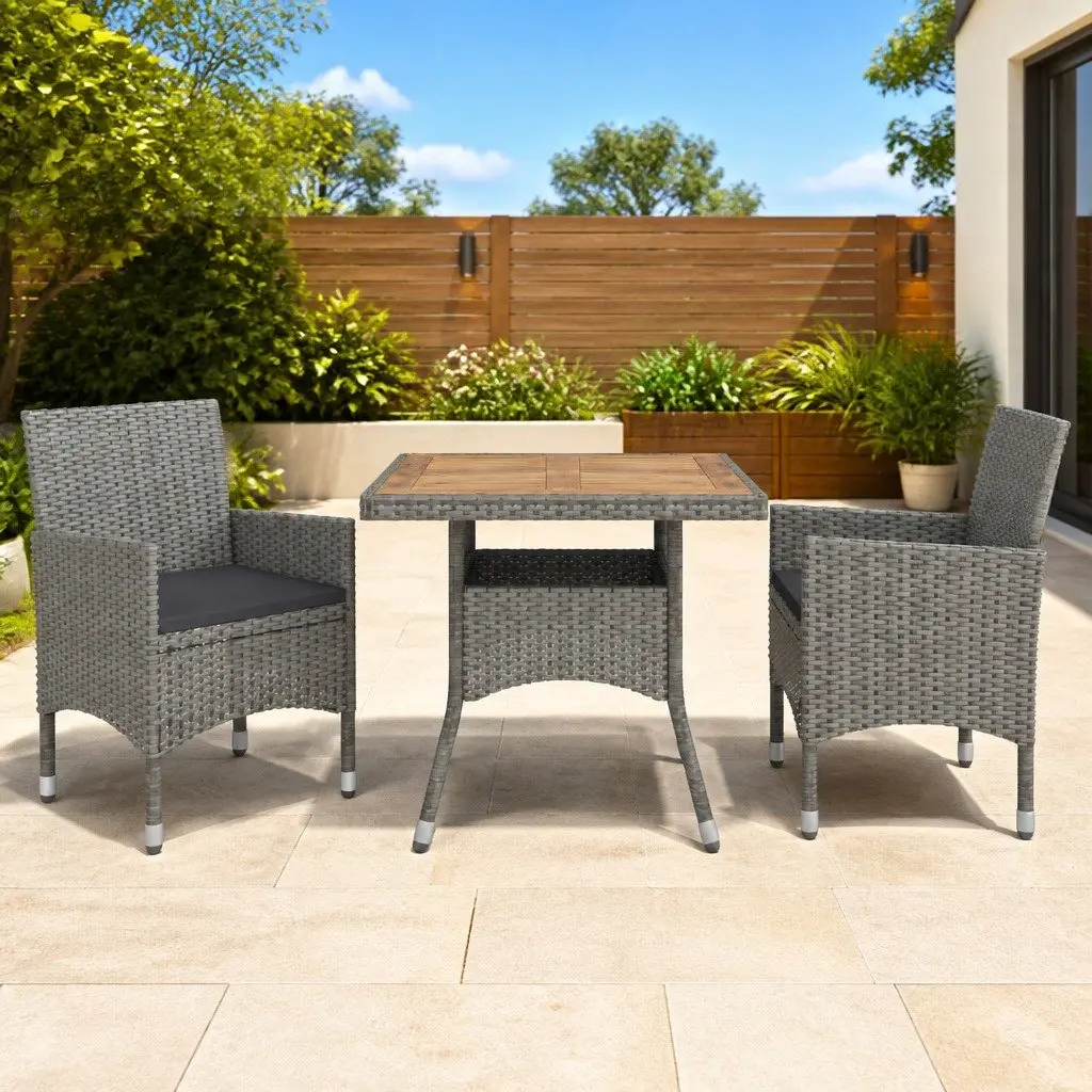 3 Piece Outdoor Dining Set Grey Poly Rattan Table Chairs Garden Furniture