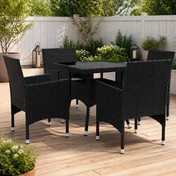 5 Piece Outdoor Dining Set Black Poly Rattan Glass Table Chairs Garden Furniture